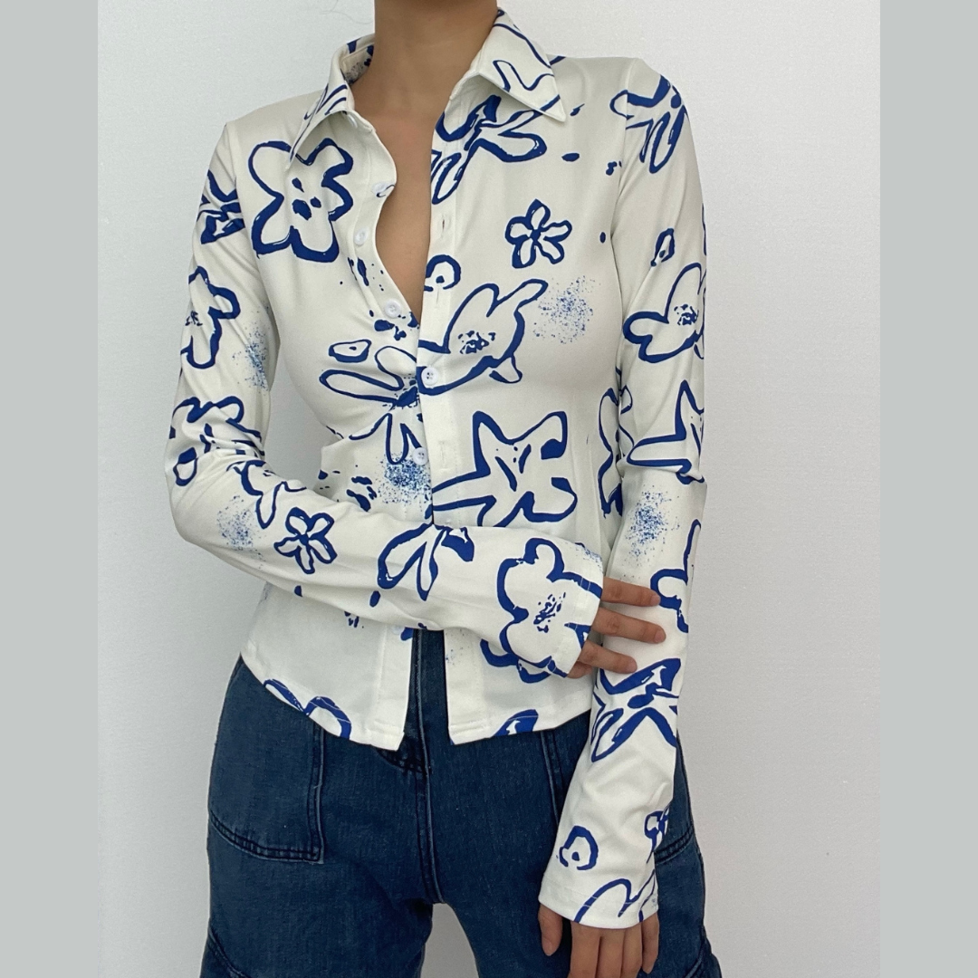 Turnover collar button contrast print long sleeve top-final-sale  | Festival Outfits Women
