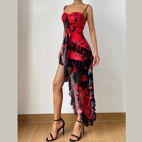 Mesh v neck ruffle print cami mini dress  | Festival Outfits Women