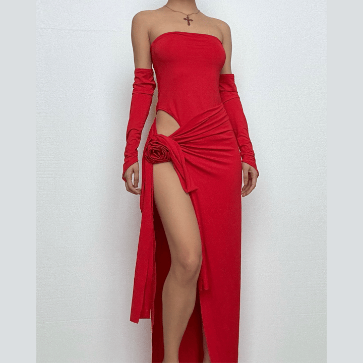 Gloves flower applique slit tube maxi skirt set  | Festival Outfits Women