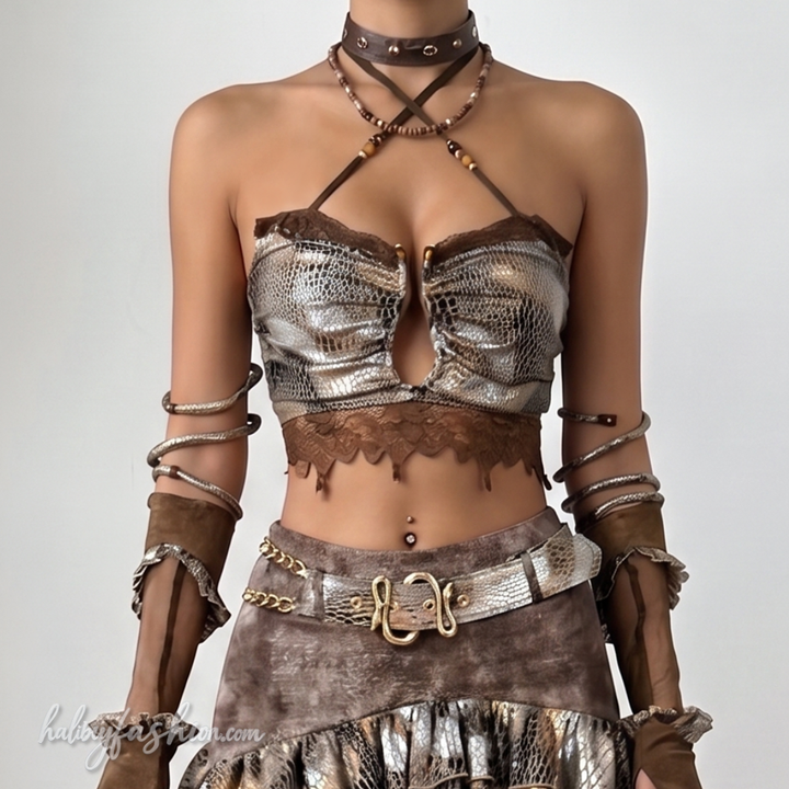Snakeskin print cross front ruched lace hem top
