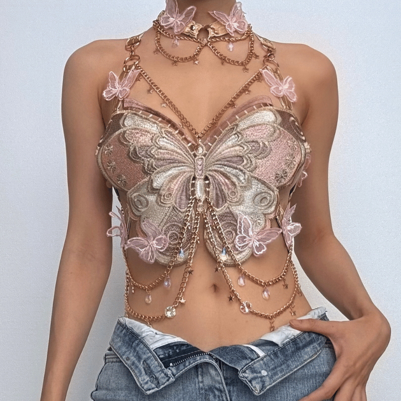 Butterfly embroidery metal chain halter top with choker  | Festival Outfits Women