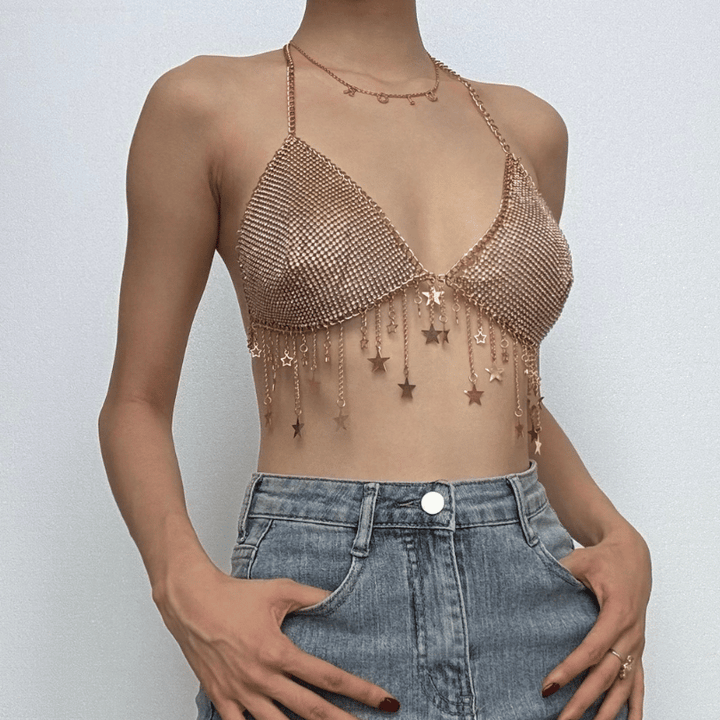 Metal chain star decor halter backless bralette top  | Festival Outfits Women