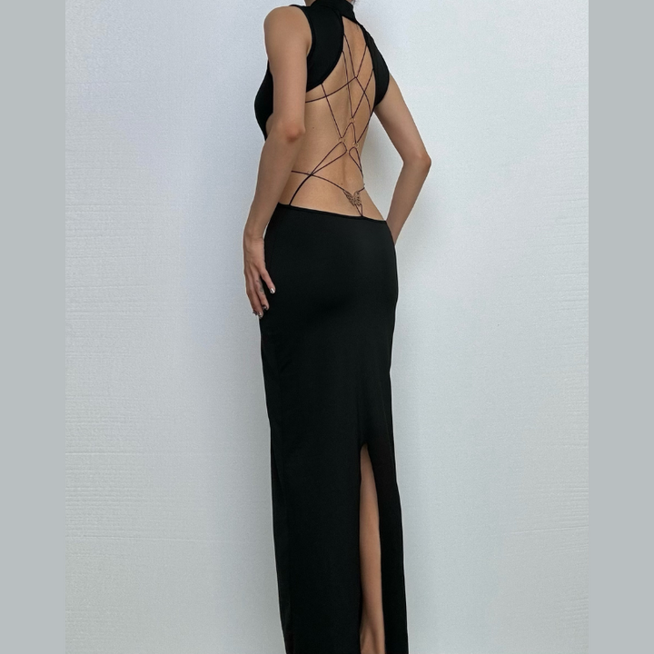High neck o ring butterfly applique backless slit midi dress  | Festival Outfits Women