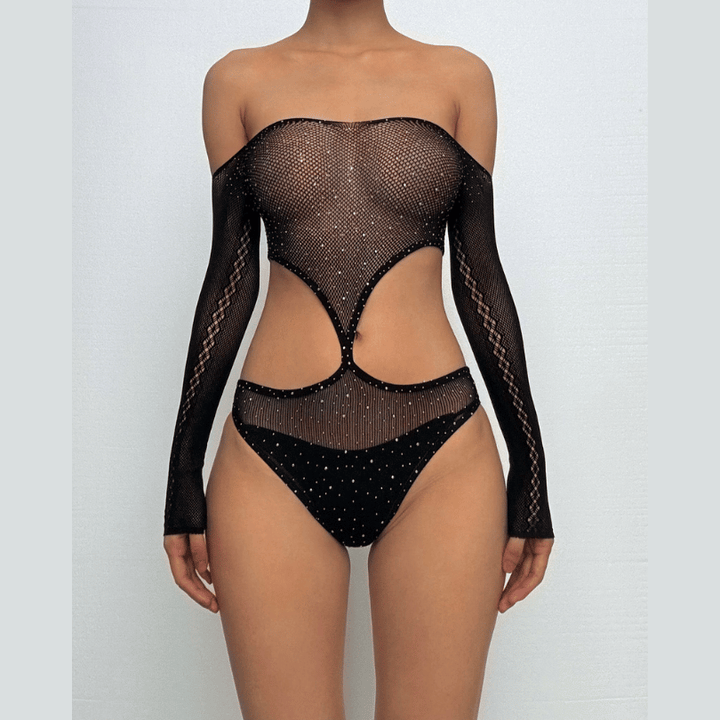 Long sleeve off shoulder mesh rhinestone bodysuit  | Festival Outfits Women