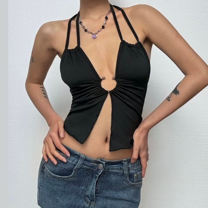 Hollow out ruffle halter self tie crop cut out top  | Festival Outfits Women-final-sale
