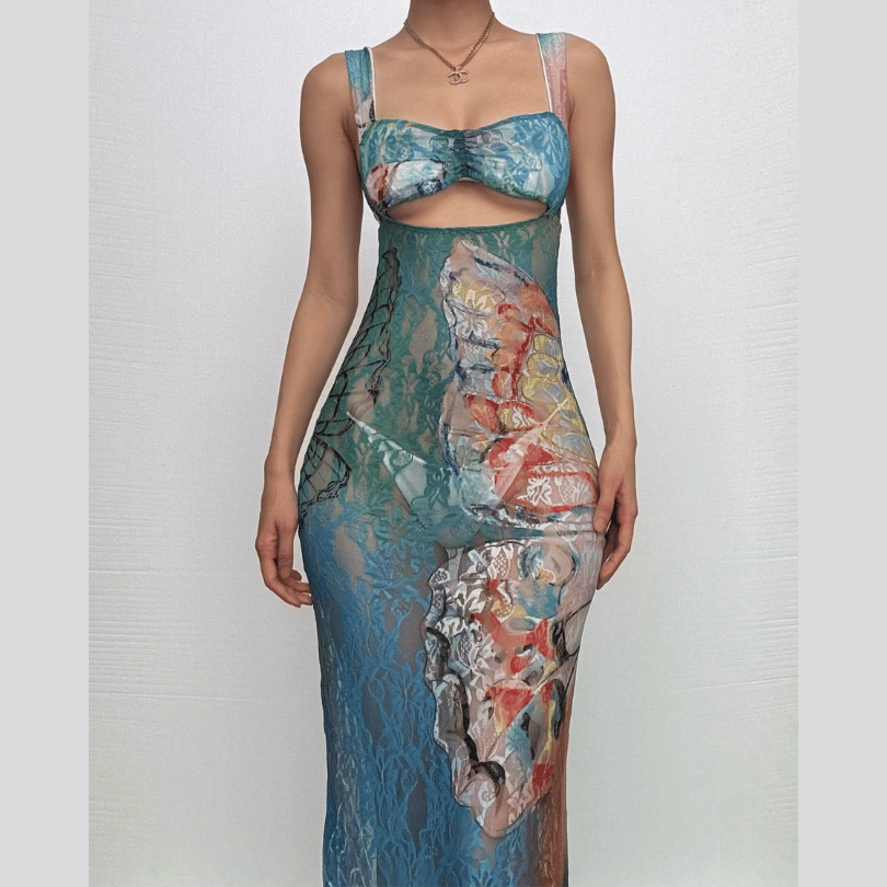 Hollow out butterfly pattern lace tie dye cut out maxi dress  | Festival Outfits Women