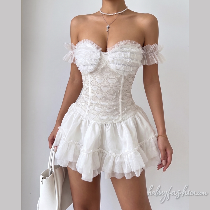 Ruched A line ruffle mesh solid mini skirt