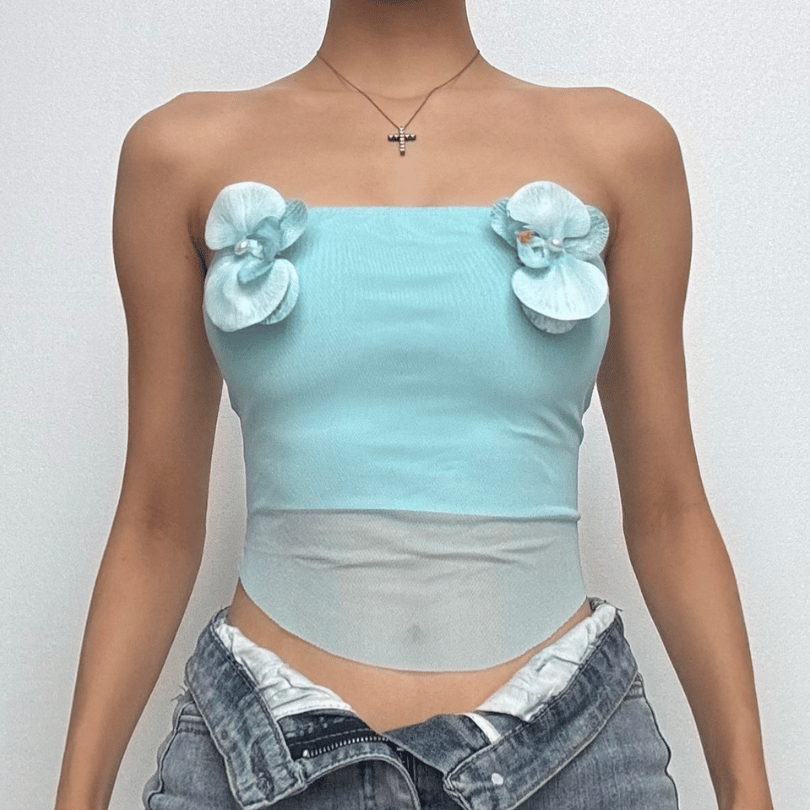 Flower applique mesh patchwork tube top  | Festival Outfits Women