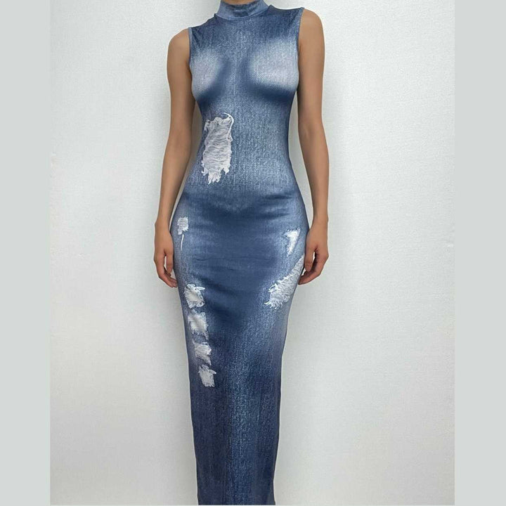 Denim print sleeveless contrast high neck maxi dress-final-sale  | Festival Outfits Women