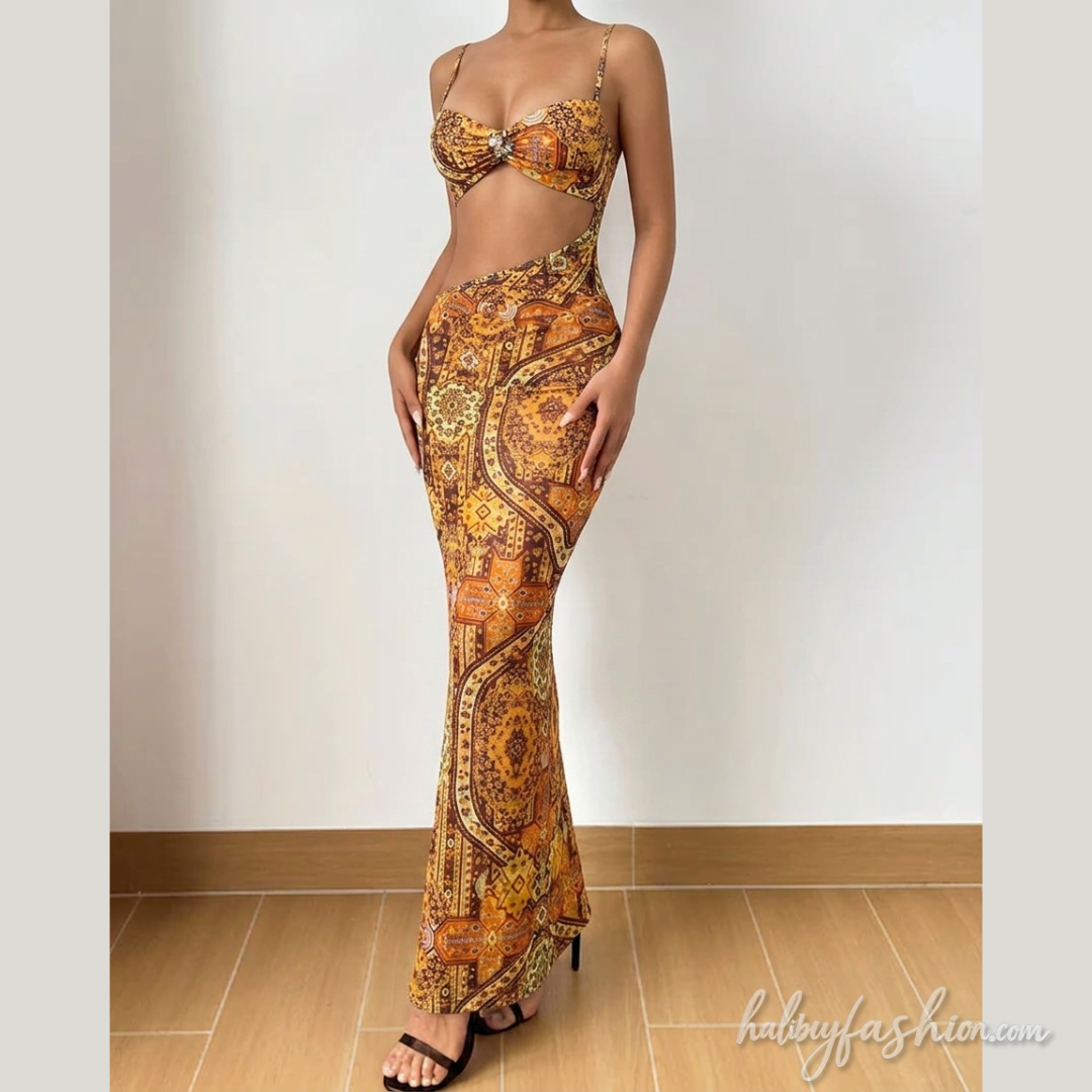Irregular hollow out print v neck cami maxi dress