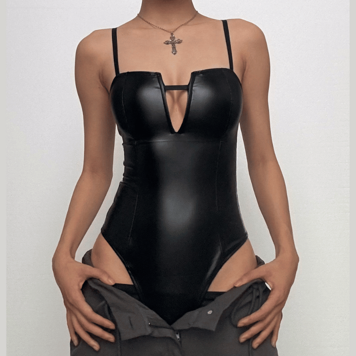 Notch neck solid backless PU leather cami bodysuit  | Festival Outfits Women-final-sale