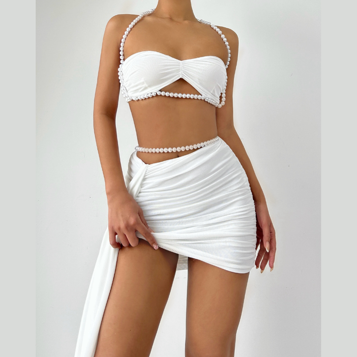 Halter beaded ruched mesh mini dress  | Festival Outfits Women-final-sale