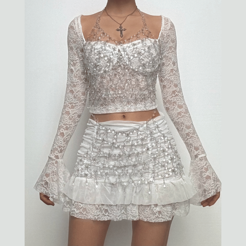 Long flared sleeve ruched lace sweetheart neck solid mini skirt set  | Festival Outfits Women