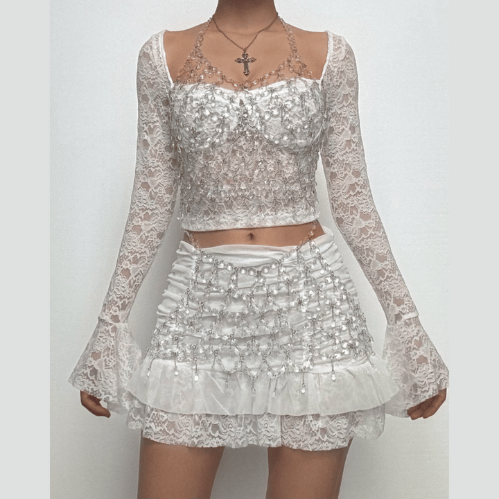 Long flared sleeve ruched lace sweetheart neck solid mini skirt set  | Festival Outfits Women