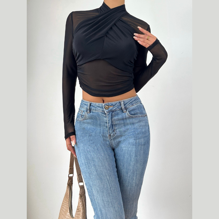 Long sleeve high neck mesh front cross top  | Festival Outfits Women