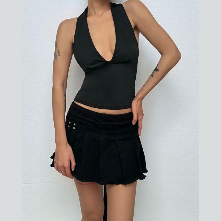 V neck halter backless solid top  | Festival Outfits Women