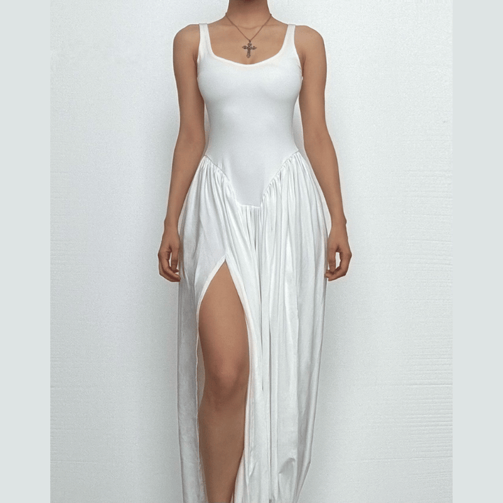 U neck ruched solid backless cami maxi dress-final-sale  | Festival Outfits Women
