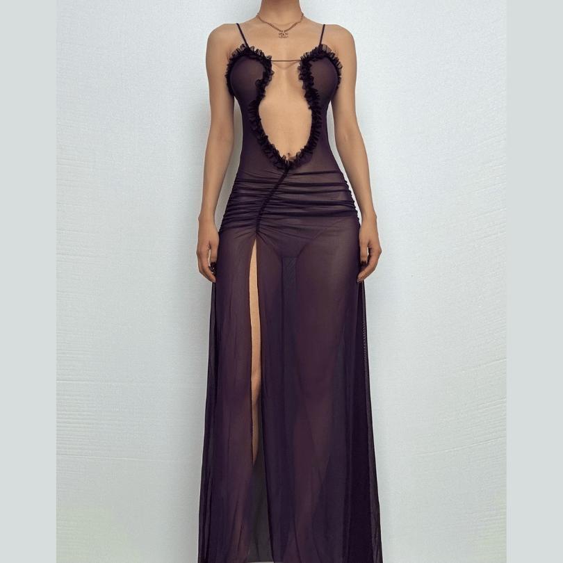 Sheer mesh hollow out ruched high slit cami cut out maxi dress  | Festival Outfits Women