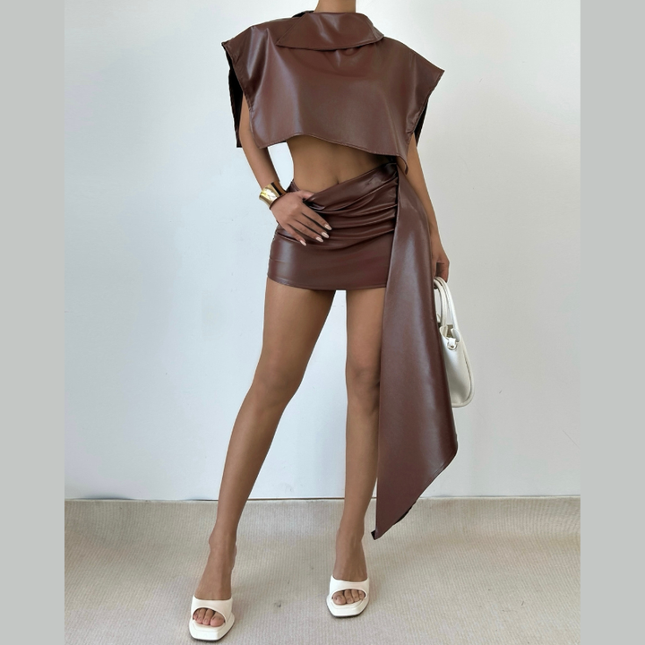 PU leather zip-up ruched irregular mini skirt set Cargo Mini Skirt  | Festival Outfits Women-final-sale