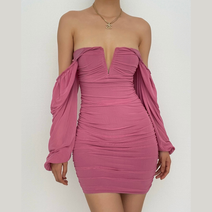 Mesh solid long sleeve ruched notch neck zip-up mini dress-final-sale  | Festival Outfits Women