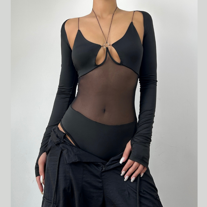 Long sleeve gloves o ring hollow out shrug 2 piece bodysuit  | Festival Outfits Women