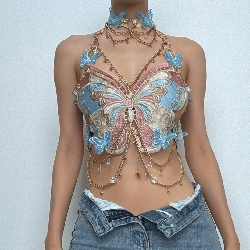 Butterfly embroidery metal chain halter top with choker  | Festival Outfits Women