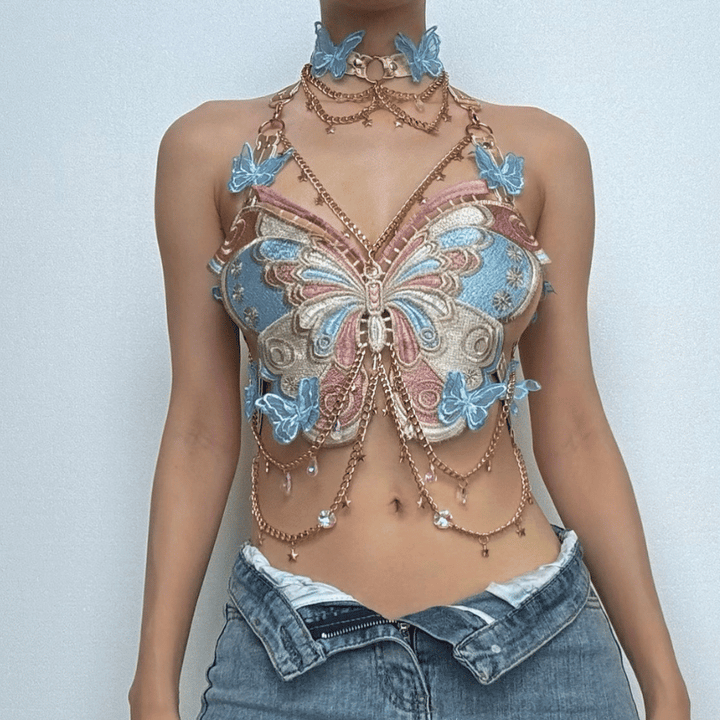 Butterfly embroidery metal chain halter top with choker  | Festival Outfits Women