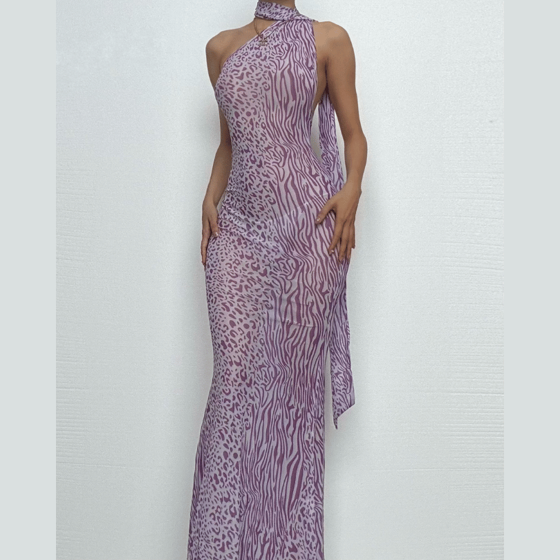 Halter one shoulder leopard print sheer mesh maxi dress  | Festival Outfits Women