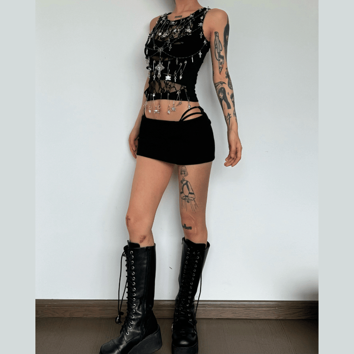 Sleeveless round neck beaded cross lace top-final-sale