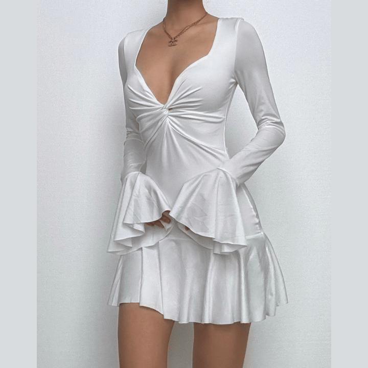 Long flared sleeve ruched v neck solid mini dress  | Festival Outfits Women