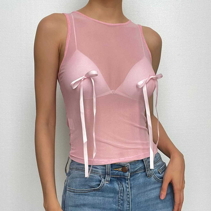 Sheer mesh see through bowknot sleeveless crewneck top - Final Sale