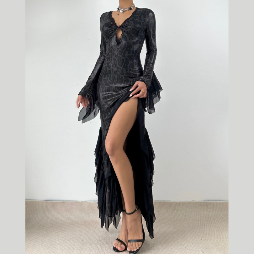 Long sleeve v neck lace hem snakeskin print maxi dress  | Festival Outfits Women-final-sale
