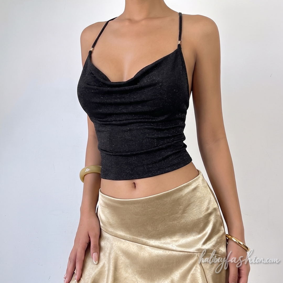 Cowl neck solid backless cami crop top