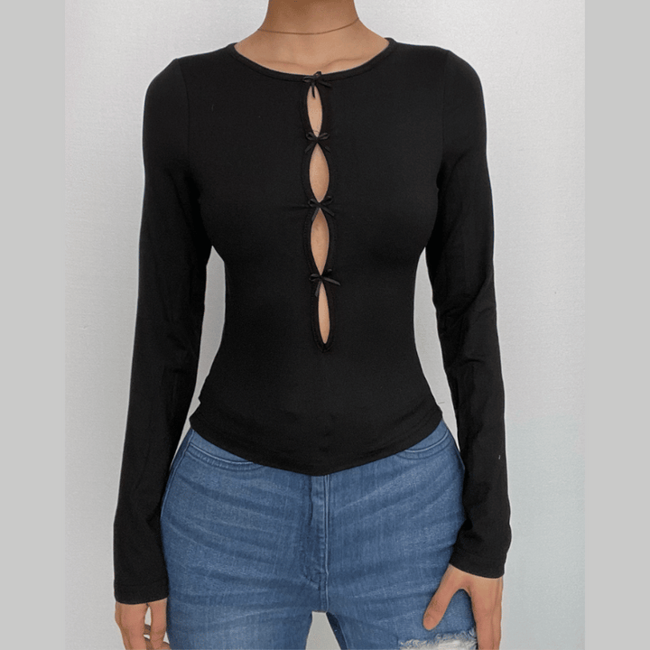Round neck bowknot hollow out long sleeve solid cut out top