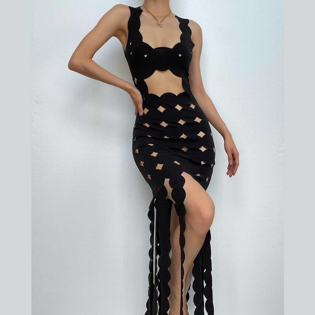 Hollow out backless sleeveless low cut solid cut out maxi dress