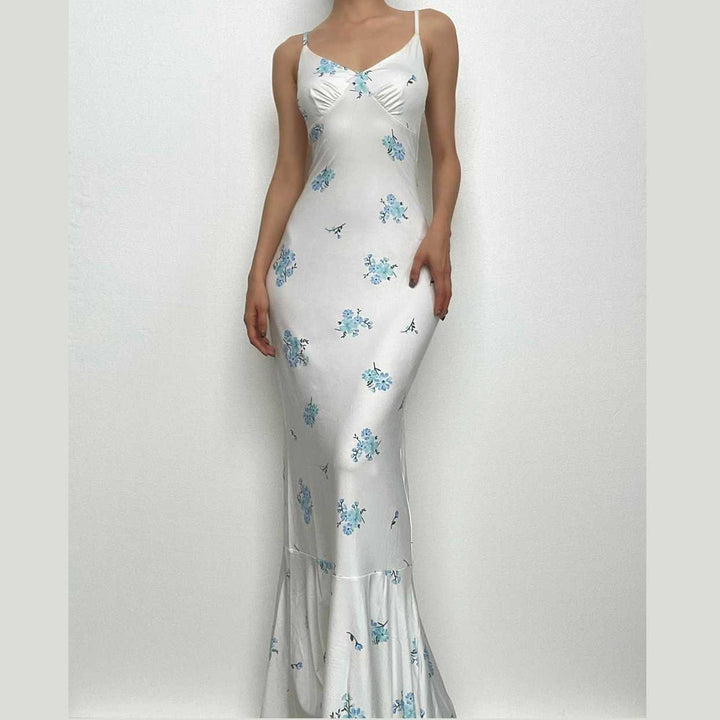 Flower print contrast v neck ruched cami maxi dress-final-sale