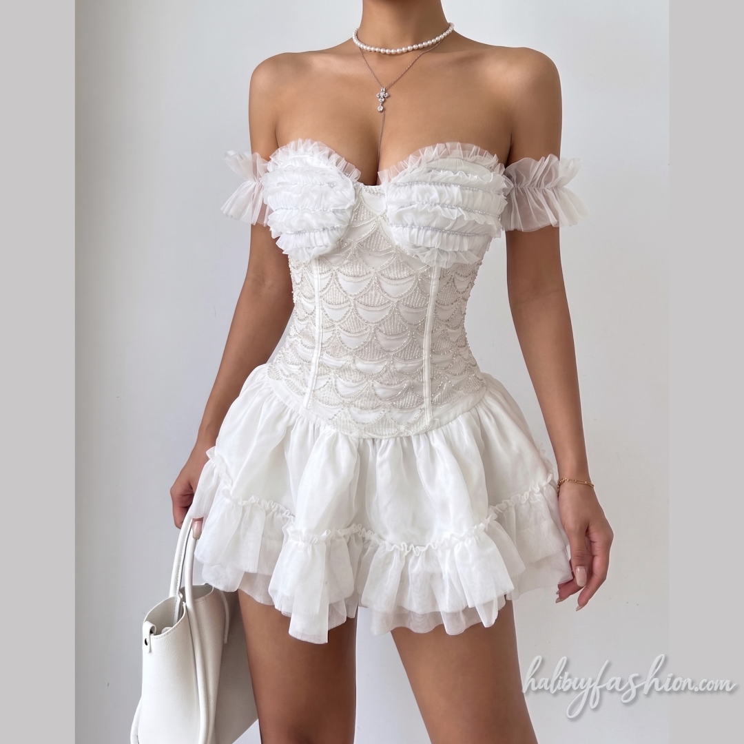 Off shoulder ruffle glitter ruched tube top