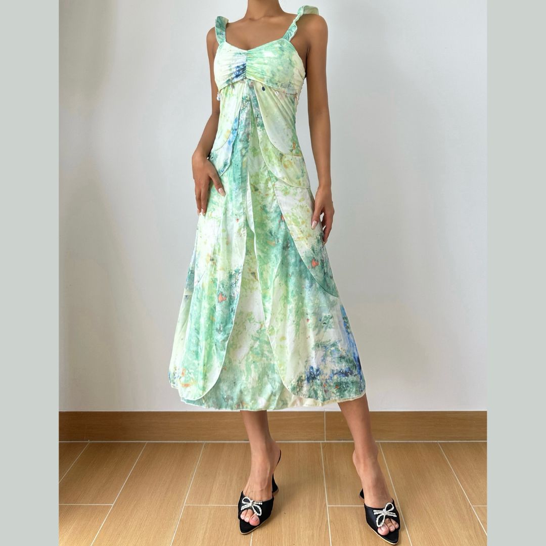 Ruched v neck ruffle print zip-up midi dress  | Festival Outfits Women-final-sale