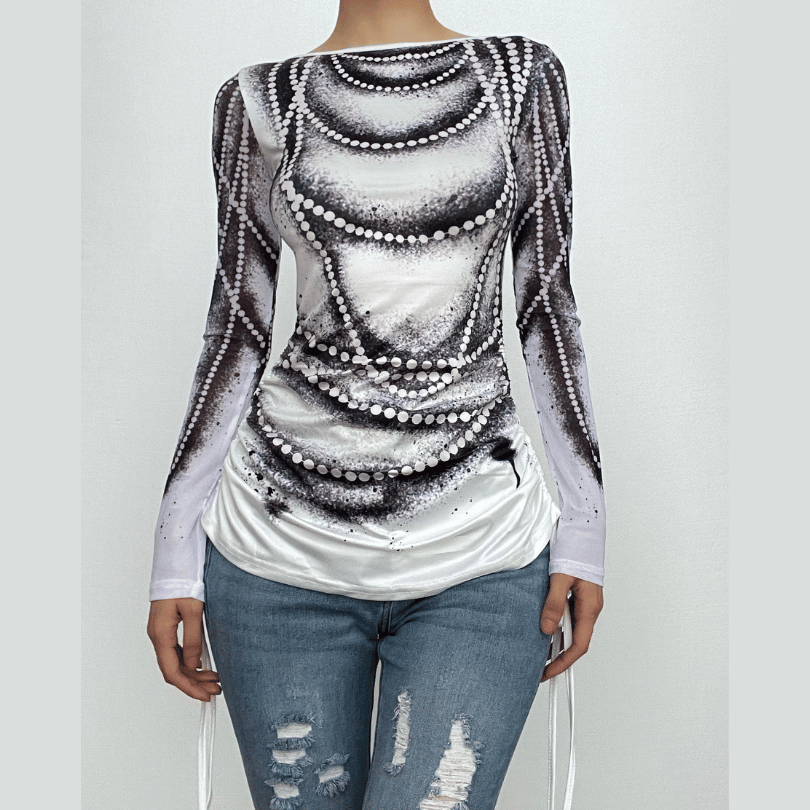 Drawstring long sleeve beaded print contrast backless top-final-sale  | Festival Outfits Women
