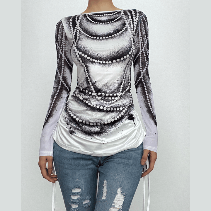 Drawstring long sleeve beaded print contrast backless top-final-sale  | Festival Outfits Women