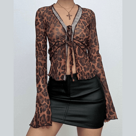 Long flared sleeve leopard print ruffle knotted sheer mesh top  | Festival Outfits Women  | Cheetah Print Top