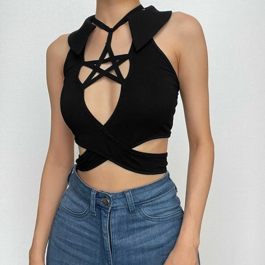 Hollow out halter turnover collar sleeveless solid crop top