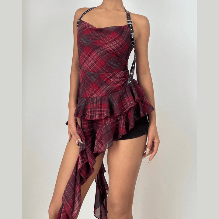 Plaid irregular halter ruffle buckle cowl neck top  | Festival Outfits Women-final-sale
