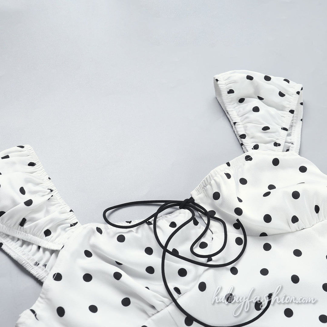 Polka dot self tie ruched zip-up backless maxi dress - Halibuy - 4