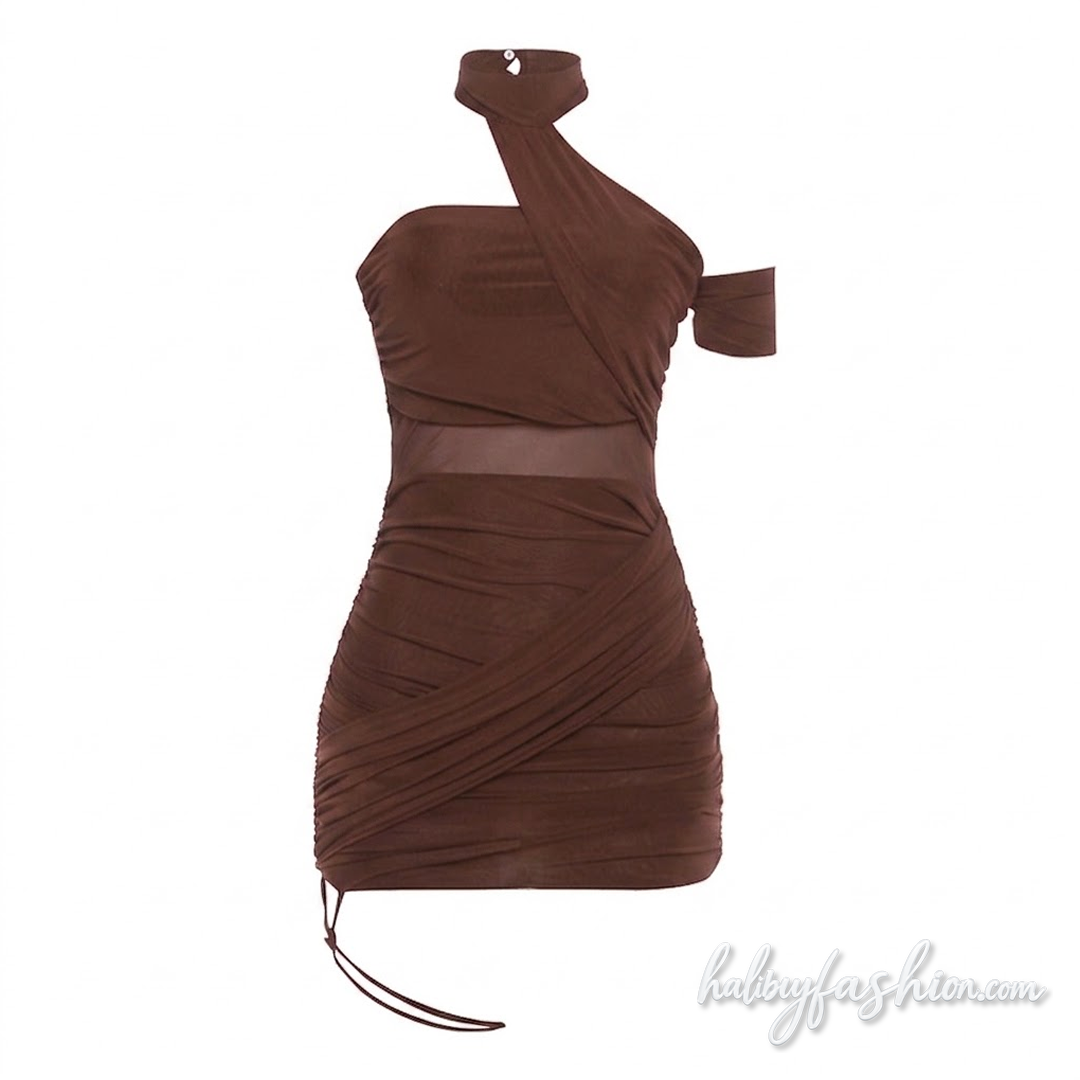 Halter ruched irregular mesh solid mini dress