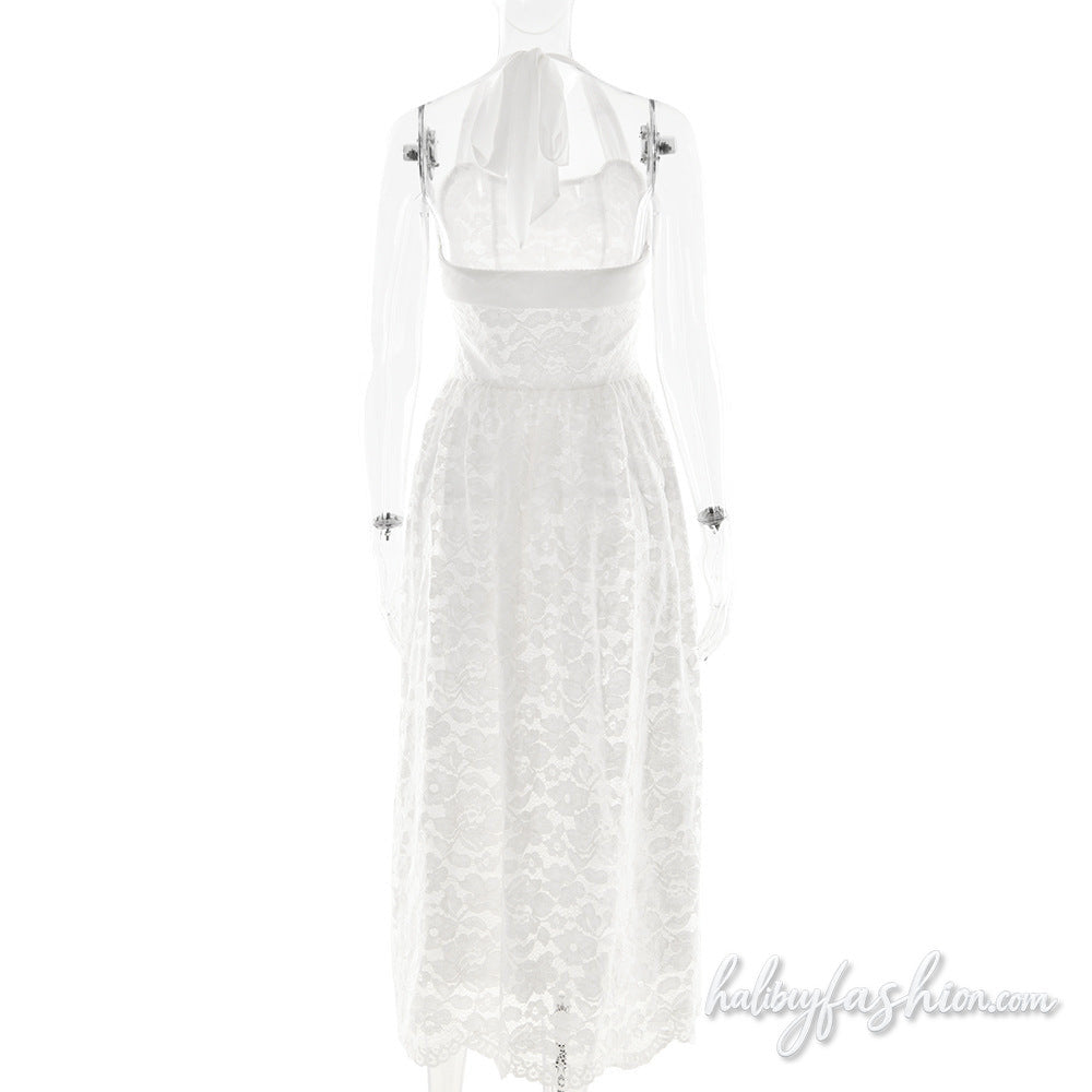 Halter self tie lace backless solid midi dress