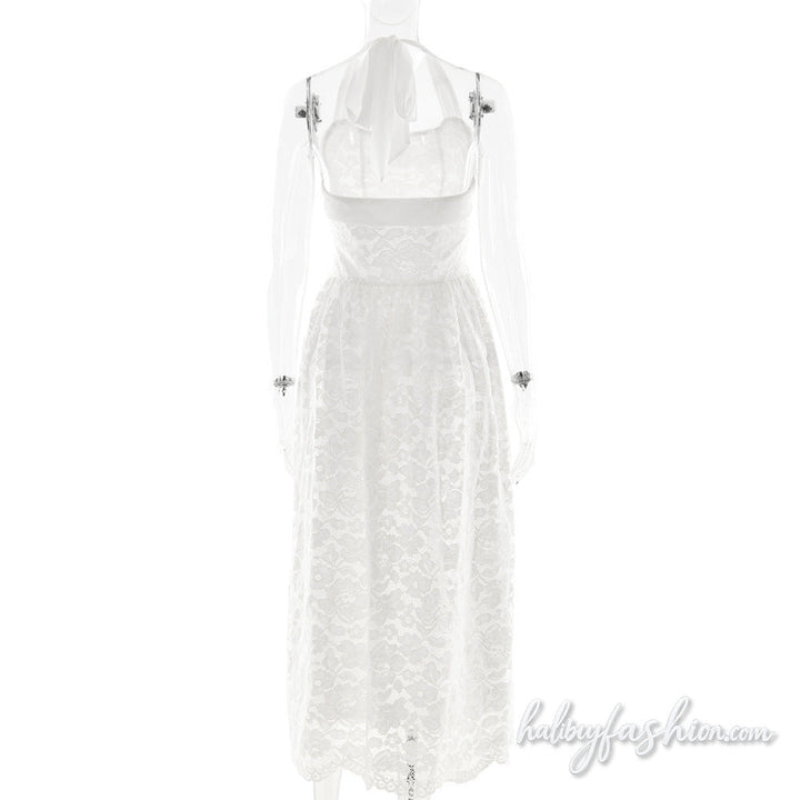 Halter self tie lace backless solid midi dress