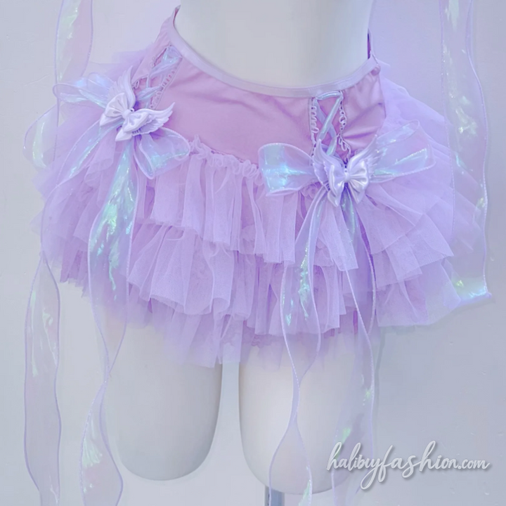 Beaded bowknot self tie ruched cami mini skirt set