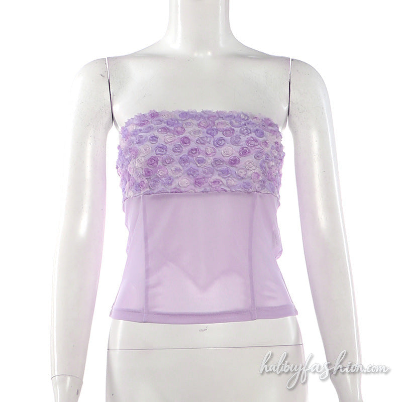 Mesh flower applique backless tube top