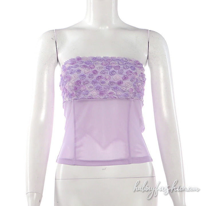 Mesh flower applique backless tube top